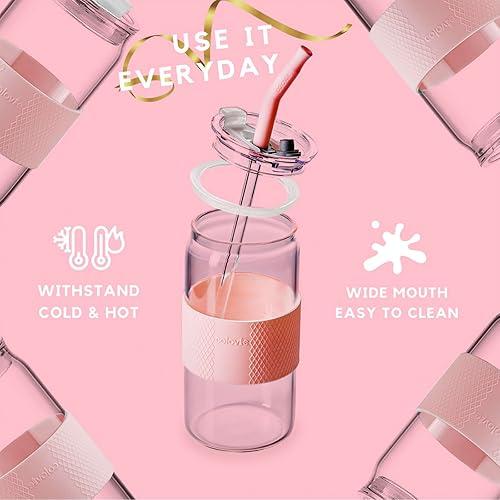 Miniatura 6 de ColoVie Vaso de vidrio con tapas 3 en 1 y popotes de vidrio (puntas de silicona adicionales), funda protectora de silicona, taza de café helado,