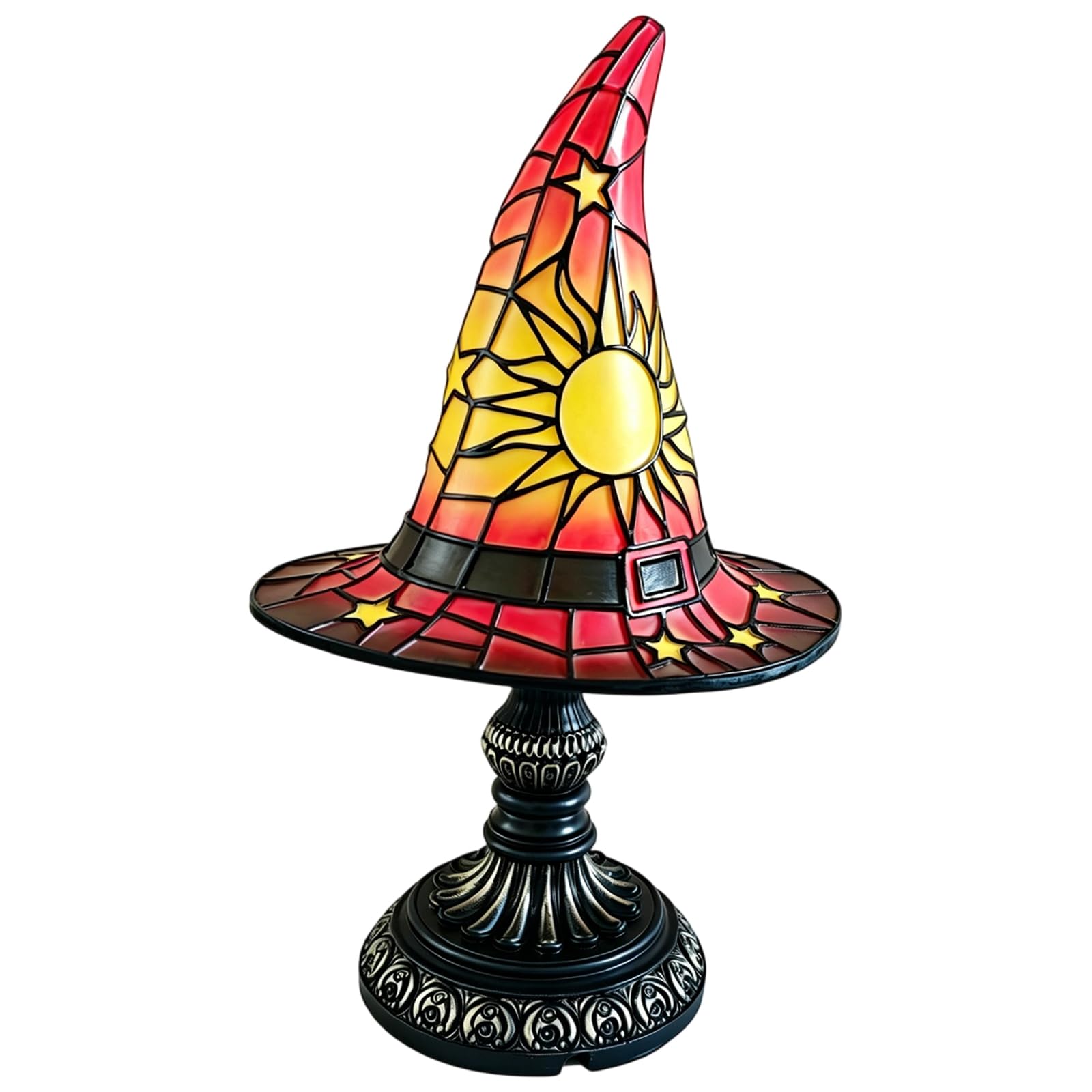 Handcrafted Stained Glass Witch Hat Lamp USB Night Light Gothic Decor (Red)