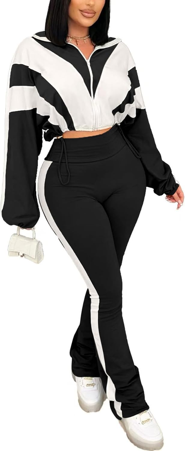 Women's Color Block 2 Piece 80s 90s Outfits Sweatshirt Zip Up Jacket and Bodycon Pants Tracksuit Sets