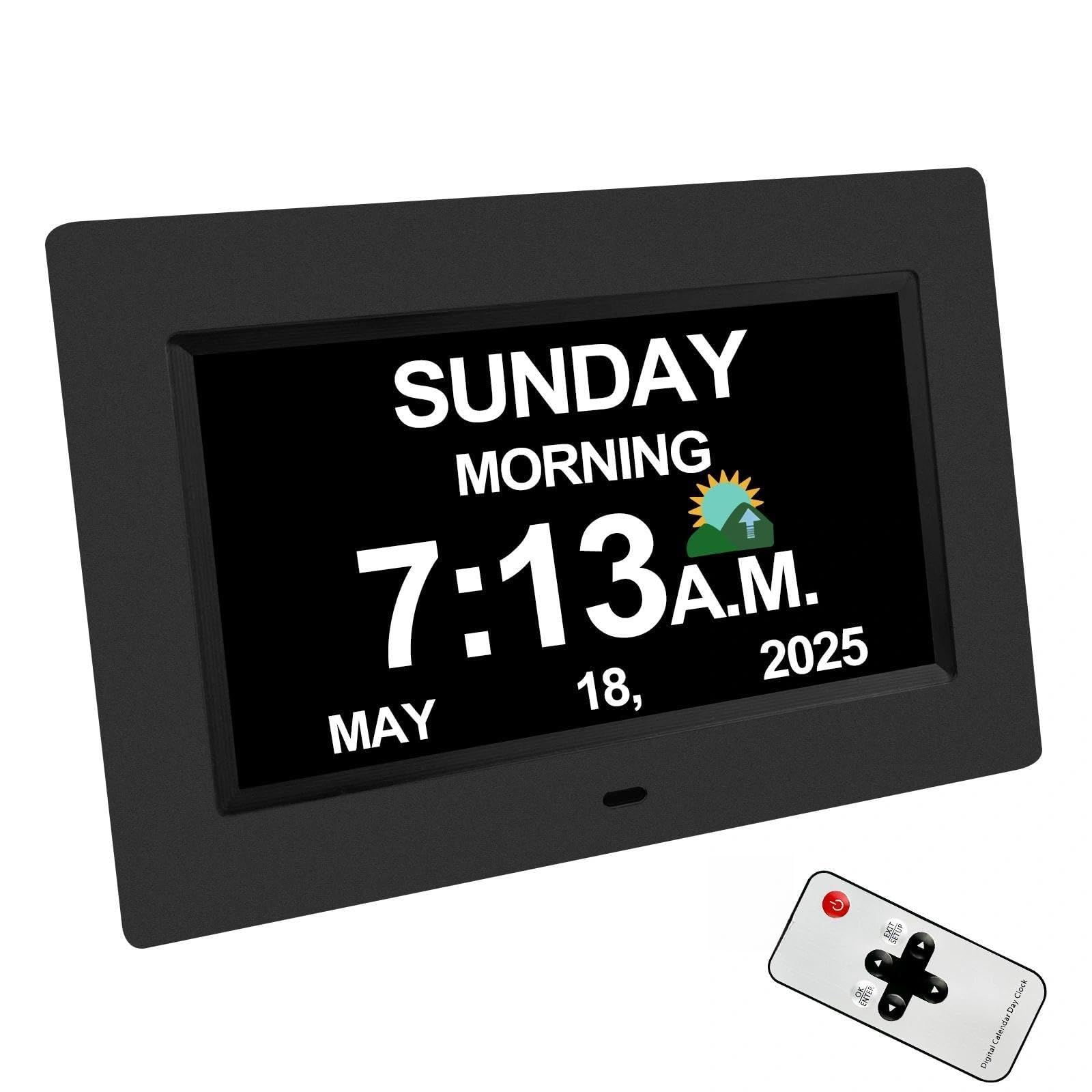 Fousenuk 7 Pollici Orologio da Parete Digitale con Data Giorno e Ora, Sveglia Digitale con Telecomando, 20 Sveglia e 3 Tema, Calendario Elettronico Automatico Oscuramento per Bambini, Anziani(Nero)