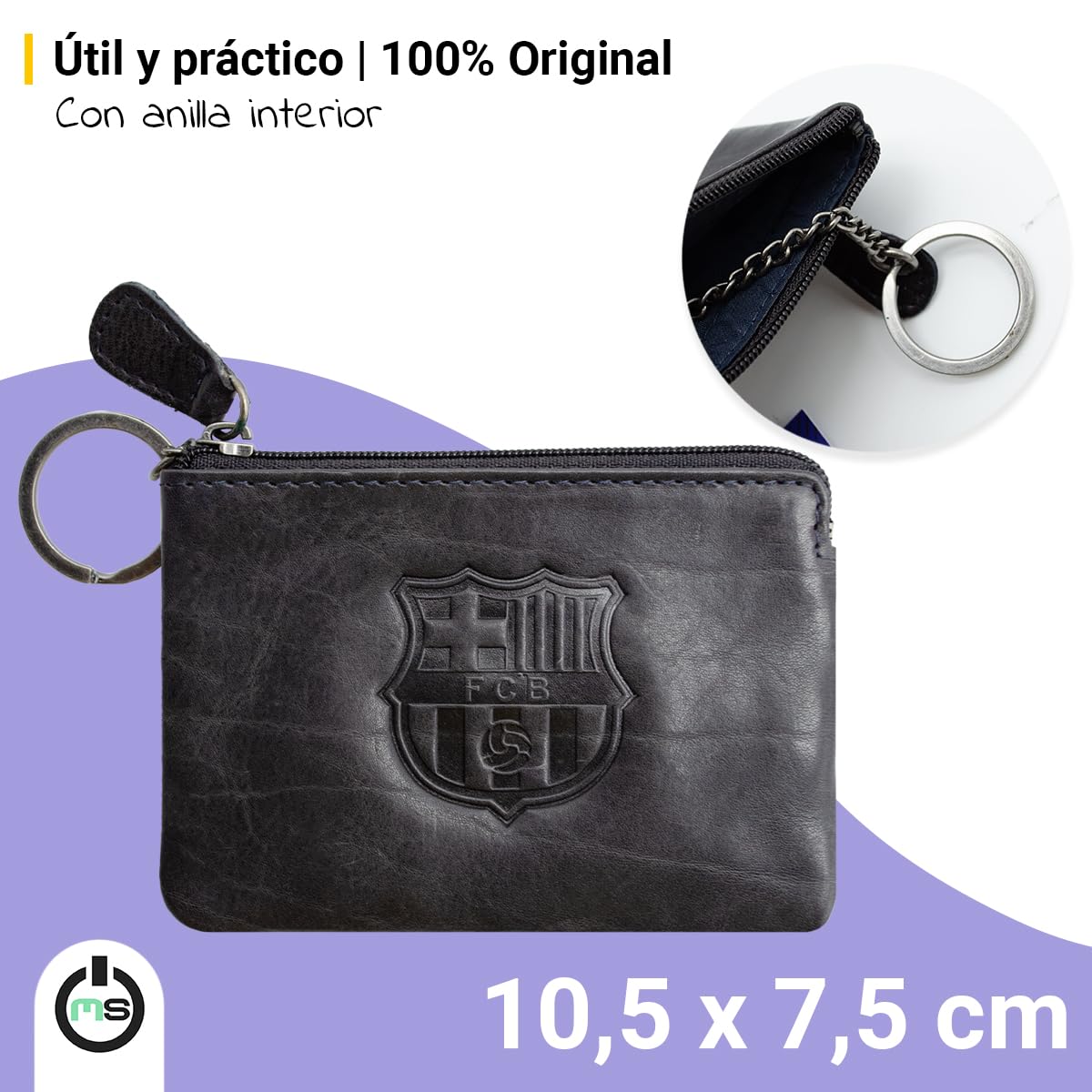 Monedero Piel FC Barcelona con Escudo Grabado | Mini Cartera Compacta con Cremallera | Accesorio Oficial Licenciado para Aficionados (Negro)
