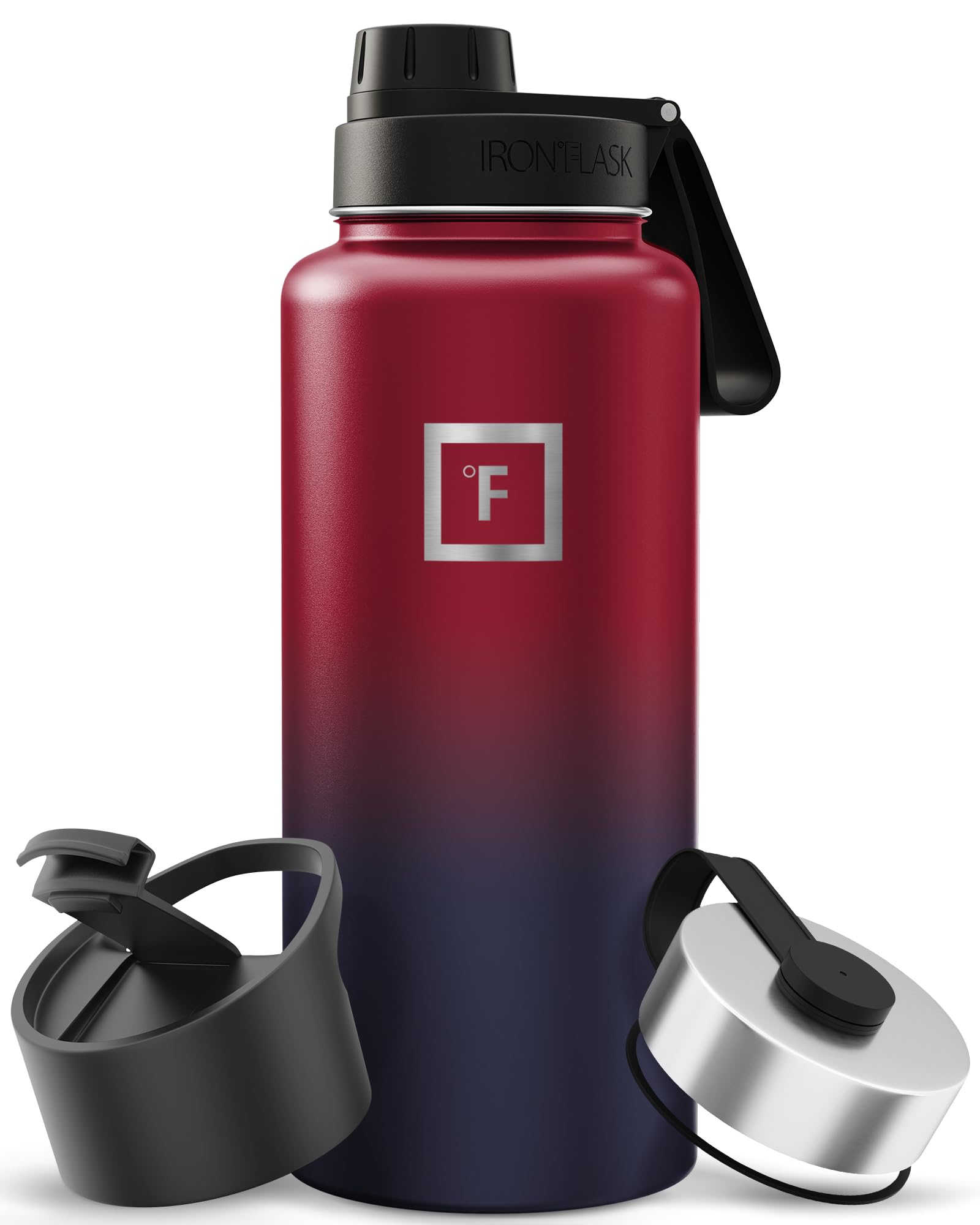 IRON °FLASK Sportwasserflasche - 32 Unzen, 3 Deckel (Auslaufdeckel), vakuumisolierter Edelstahl, heiß kalt, moderne doppelwandige Kantine (dunkler Regenbogen)