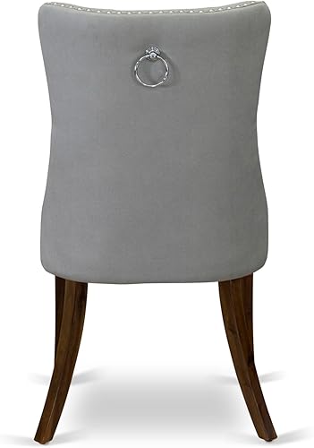 Miniatura 8 de DAP8F27 Dallas Parsons - Juego de 2 sillas de comedor tapizadas de tela de poliéster gris claro con botones copetudos, color nogal antiguo