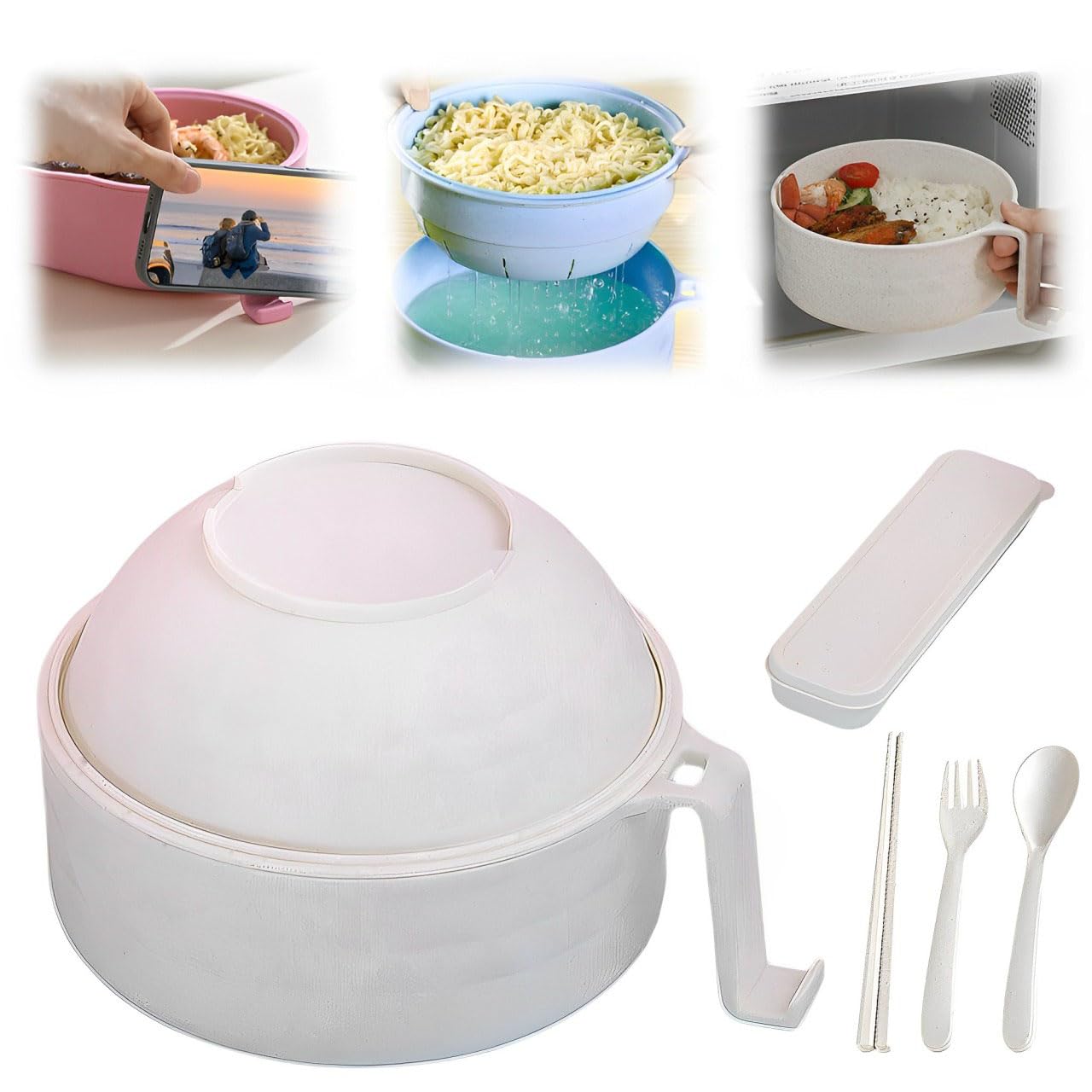 BAUFIX Microwave Ramen Bowl with Lid, 2025 New Noodles Bowl Set with Chopsticks, Spoon, Fork - Portable Cooker for Dorm, Home, Office (White)