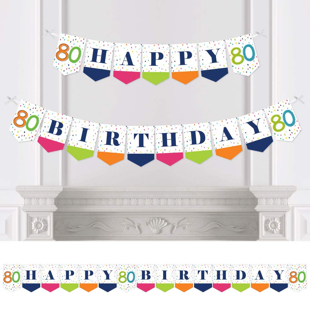 Big Dot of Happiness - 80th Birthday - Cheerful Happy Birthday Party Bunting Banner - Multicolored Triangular Pennant Banner - Indoor Use Only