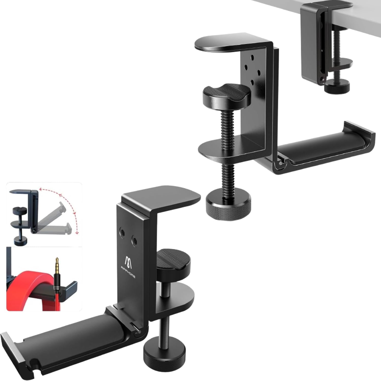 Foldable Headphone Stand Hanger Holder, Space-Saving Aluminum Soundbar Stand with Universal Fit for Gaming PC Accessories, Under Desk Clamp Hook Mount (Black-2PC)