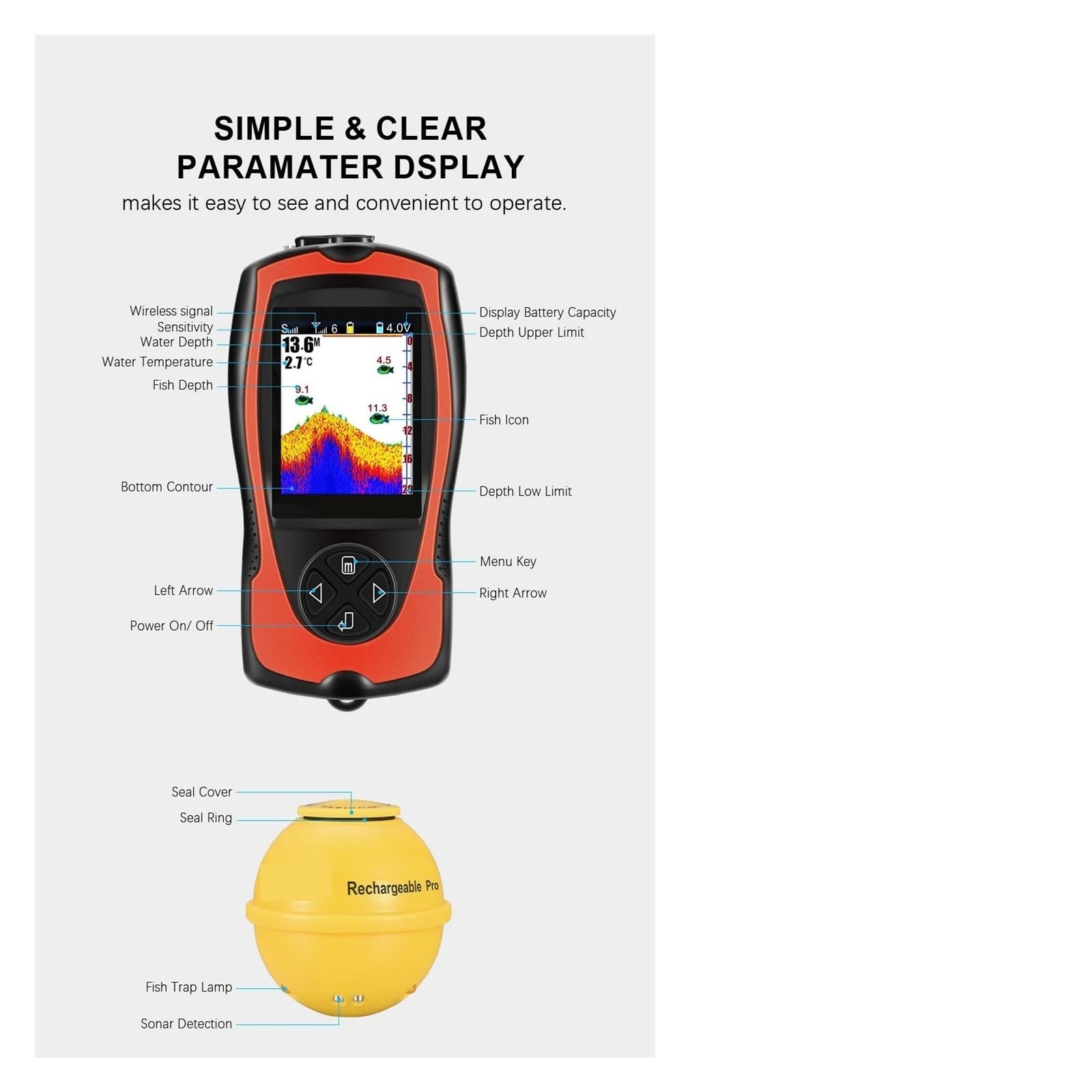 Sonar Fish Finder Sensore wireless ricaricabile Pesca portatile,Alta definizione