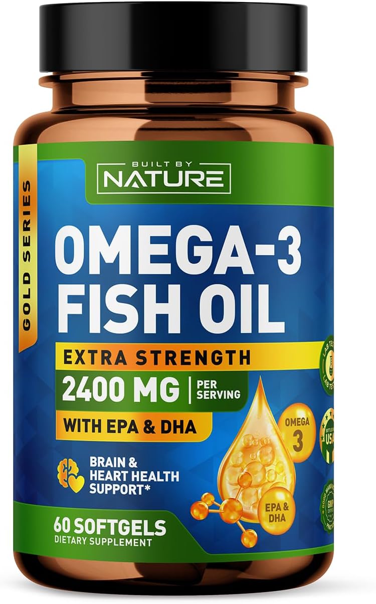 Built by Nature Omega 3 Fish Oil Soft Gels – 2400 mg Fish Oil, 1440 mg Omega 3, 864 mg EPA, 576 mg DHA – Extra Strength Brain & Heart Health Support Supplement – 60 Softgels