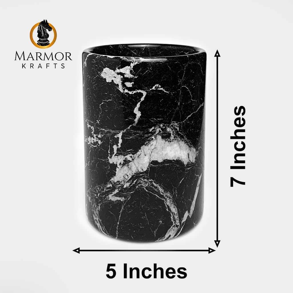 Handmade Marble Utensil Holder for Kitchen Countertop Storage | Multipurpose Organizer for Spatulas, Office Supplies, & Wine Chiller (Black Zebra)
