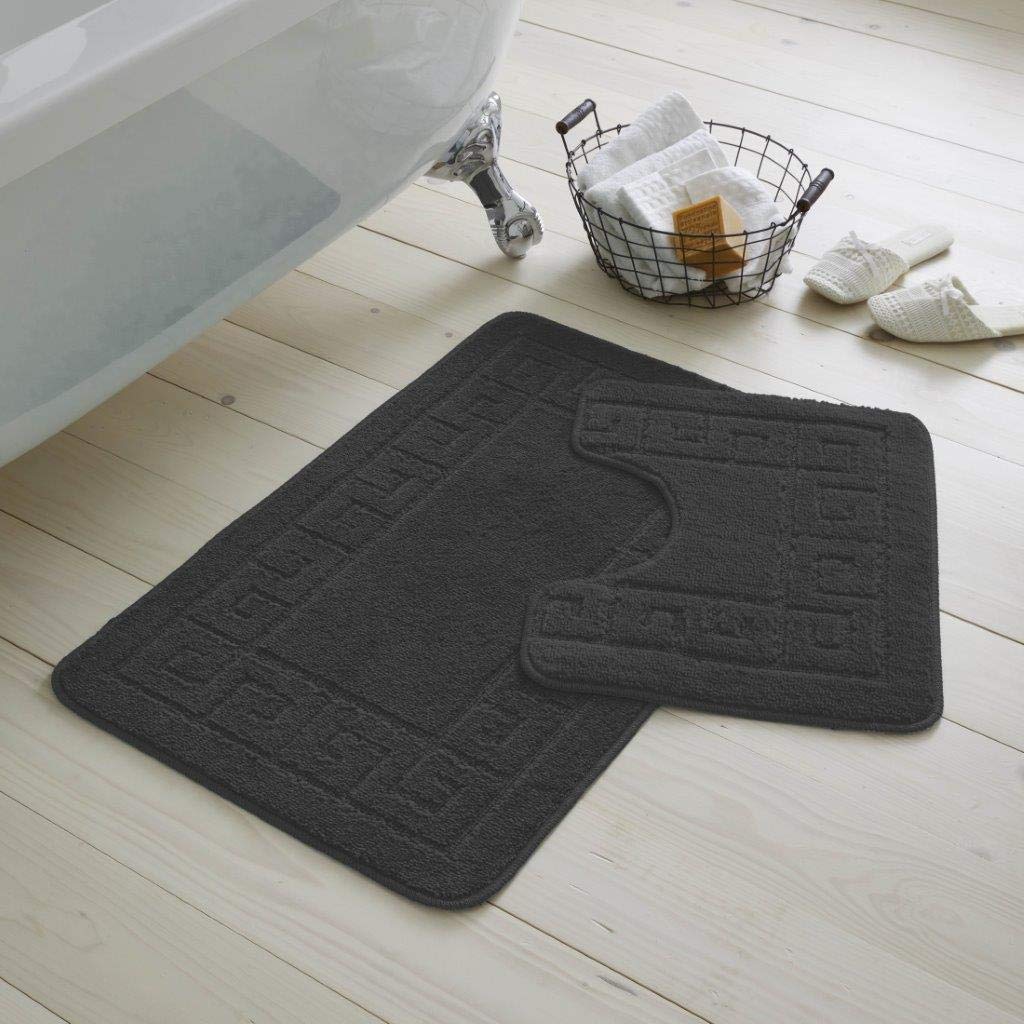 EHD Greek Design 2 Piece Bath Mat and Pedestal Mat Sets Non Slip Water Absorbent Regular Size Bathroom Rugs (Charcoal)