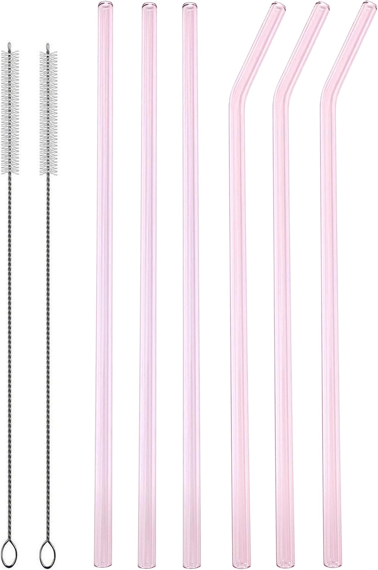 12.5 Inch Extra Long Glass Straws, 8mm Outer Diameter Reusable Pink Glass Straws for 40oz Tall Tumblers Pack of 6, with Cleaning Brushes