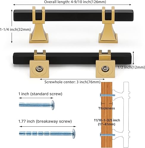 Miniatura 2 de Haliwu Paquete de 20 tiradores de gabinete negros, manijas de gabinete negras y doradas, tiradores cuadrados para cajones, manijas de armario de