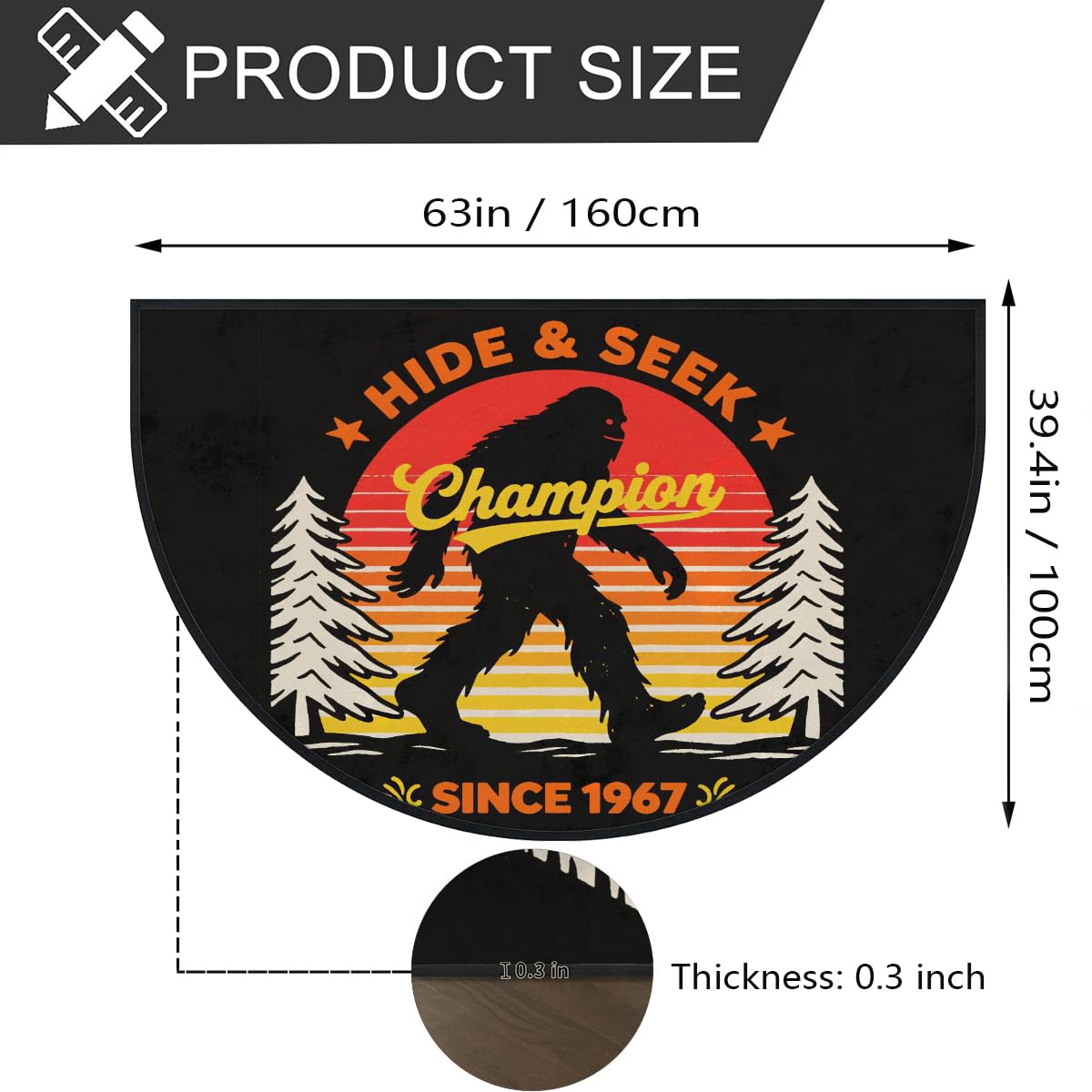 Bigfoot Hide Seek Champion große halbrunde Fußmatte – rutschfest, saugfähig, halbrund, Eingangsbereich, niedlich, weich, halbrund, waschbar, Teppich für Küche, Badezimmer, Schlafzimmer, 160 x