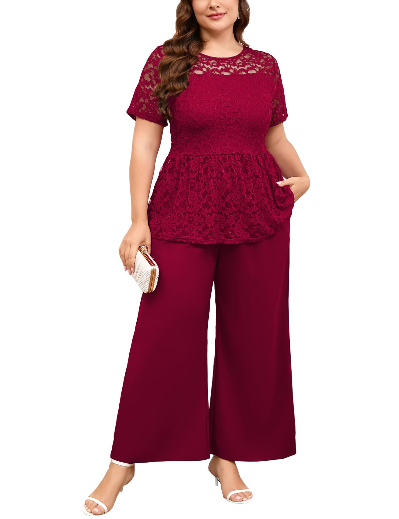 ZOMVA 1X-4X Plus Size Mother of Bride Groom Pant Suits Elegant Lace Short Sleeve Pantsuits 2 Piece Sets