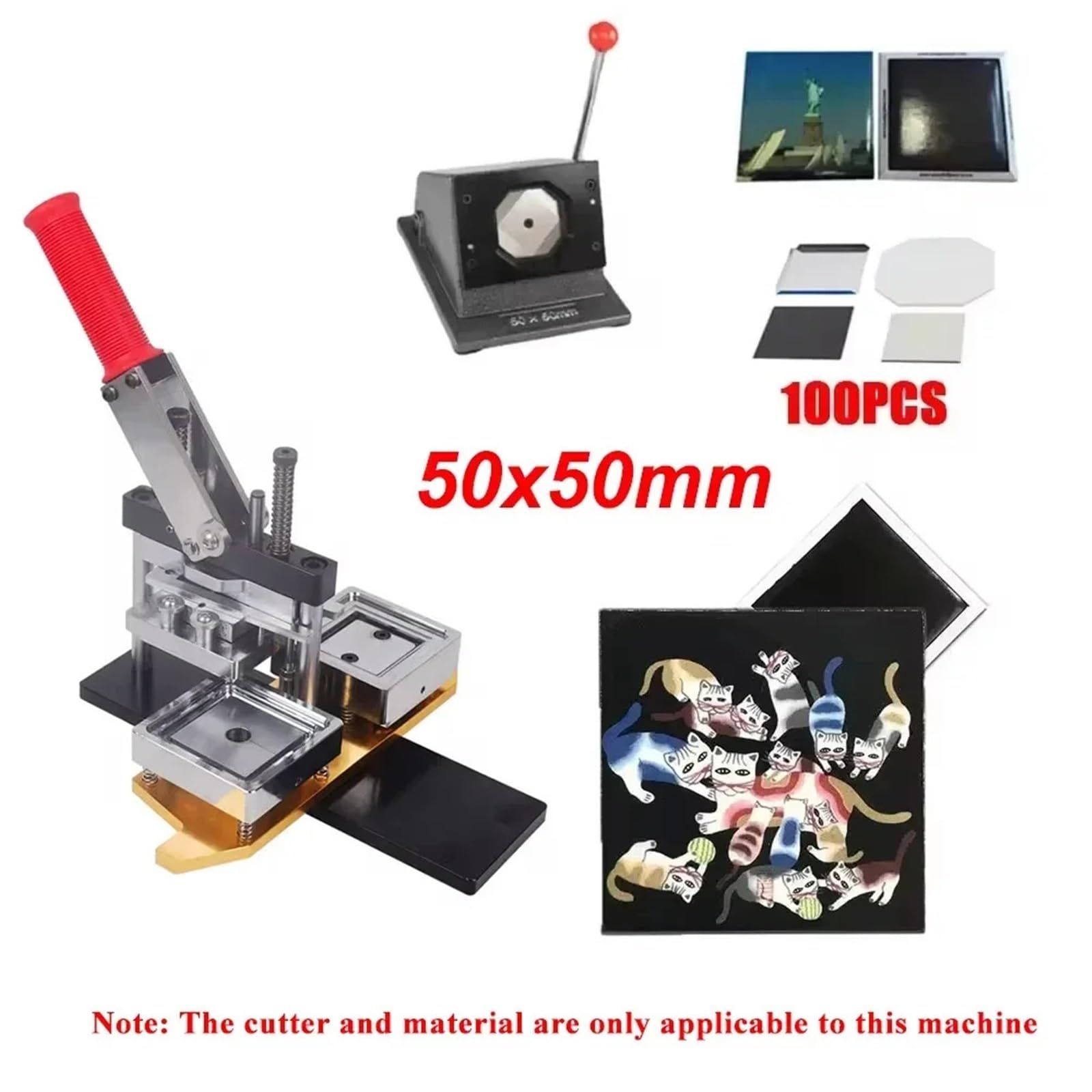 Badges Machine Kwadratowa prasa do plakietek Do lodówkę 50x50mm obrotowa blacha z gilotyną do papieru i 100 szt. części magnesów Photo Magnet Machine(50x50m Metal cutter)