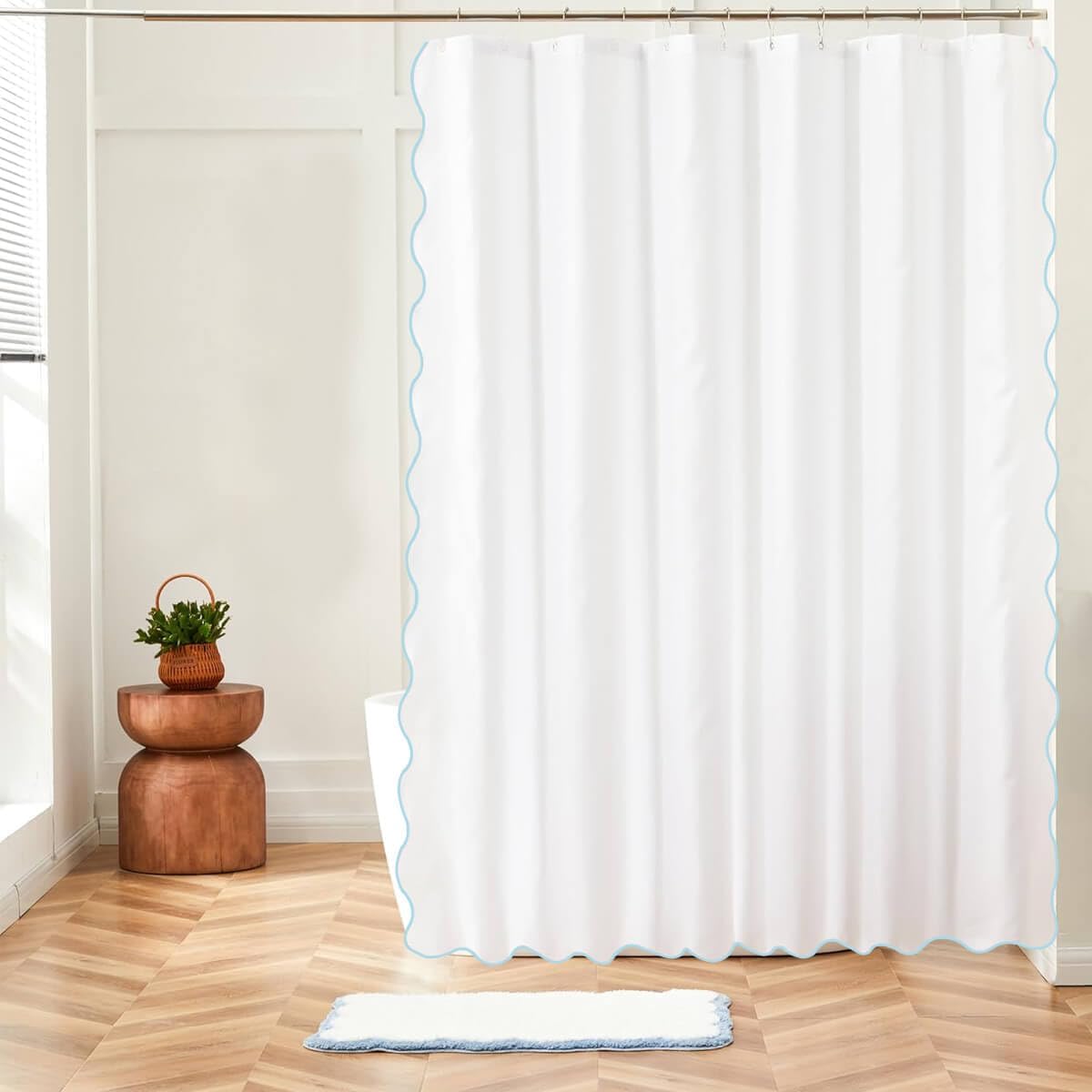 White with Navy Blue Scalloped border Shower Curtains 72" x 72" Rustic Shower Curtain or Modern Shower Curtain Bathroom Curtain with Scalloped all around. 100% Cotton 400 Thread Count