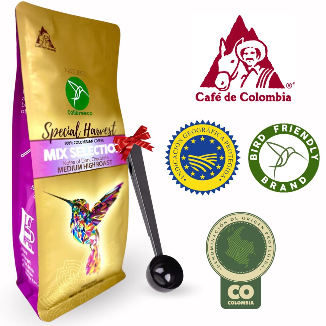 Colibreeco, 100% Colombian Coffee, Mix Selection, 12 Ounce (Pack of 4), Medium Roast, Ground, Notes of Dark Chocolate, Measuring Spoon with Clip.
