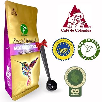 Colibreeco, 100% Colombian Coffee, Mix Selection, 12 Ounce (Pack of 4), Medium Roast, Ground, Notes of Dark Chocolate, Measuring Spoon with Clip.
