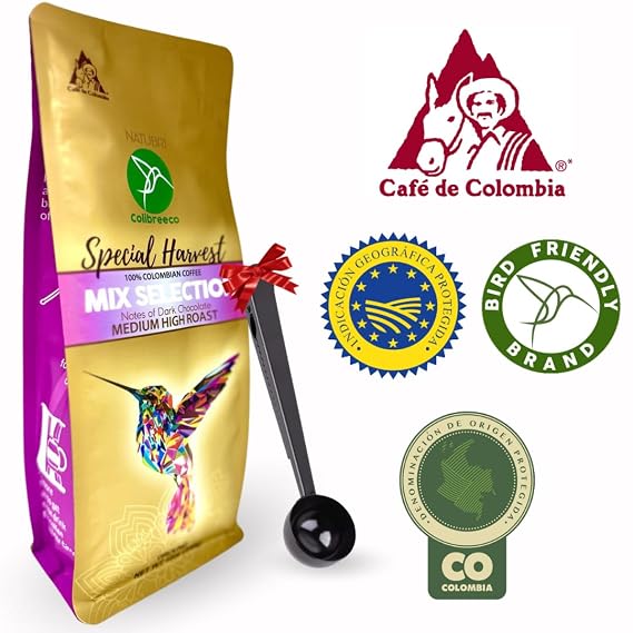 Colibreeco, 100% Colombian Coffee, Mix Selection, 12 Ounce (Pack of 4), Medium Roast, Ground, Notes of Dark Chocolate, Measuring Spoon with Clip.