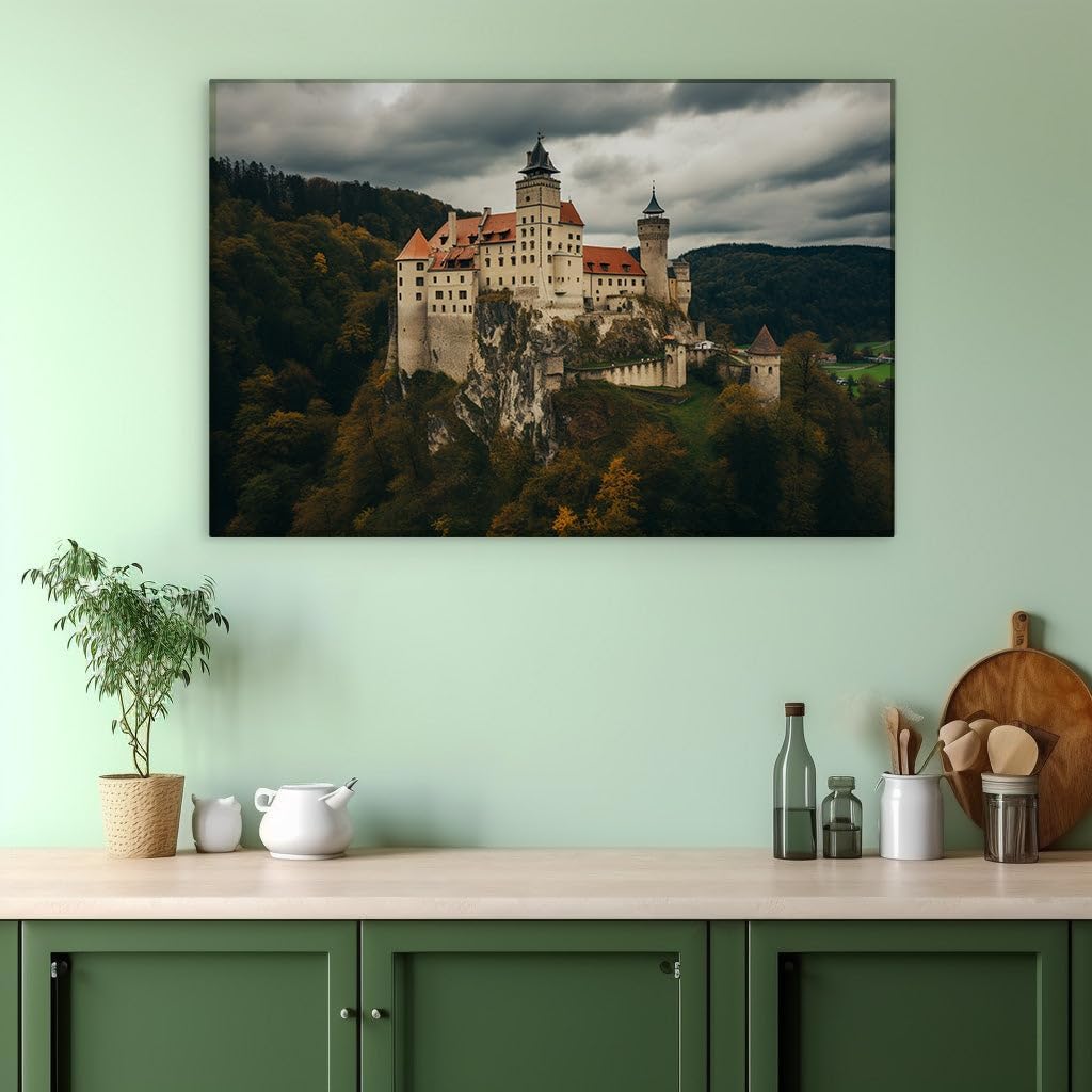 Canvas for Living room. Majestic Cliffside Fortress Standing Tall Against Foreboding Skies, 27 x 18 inch Canvas Wall Art - Modern Home Decor