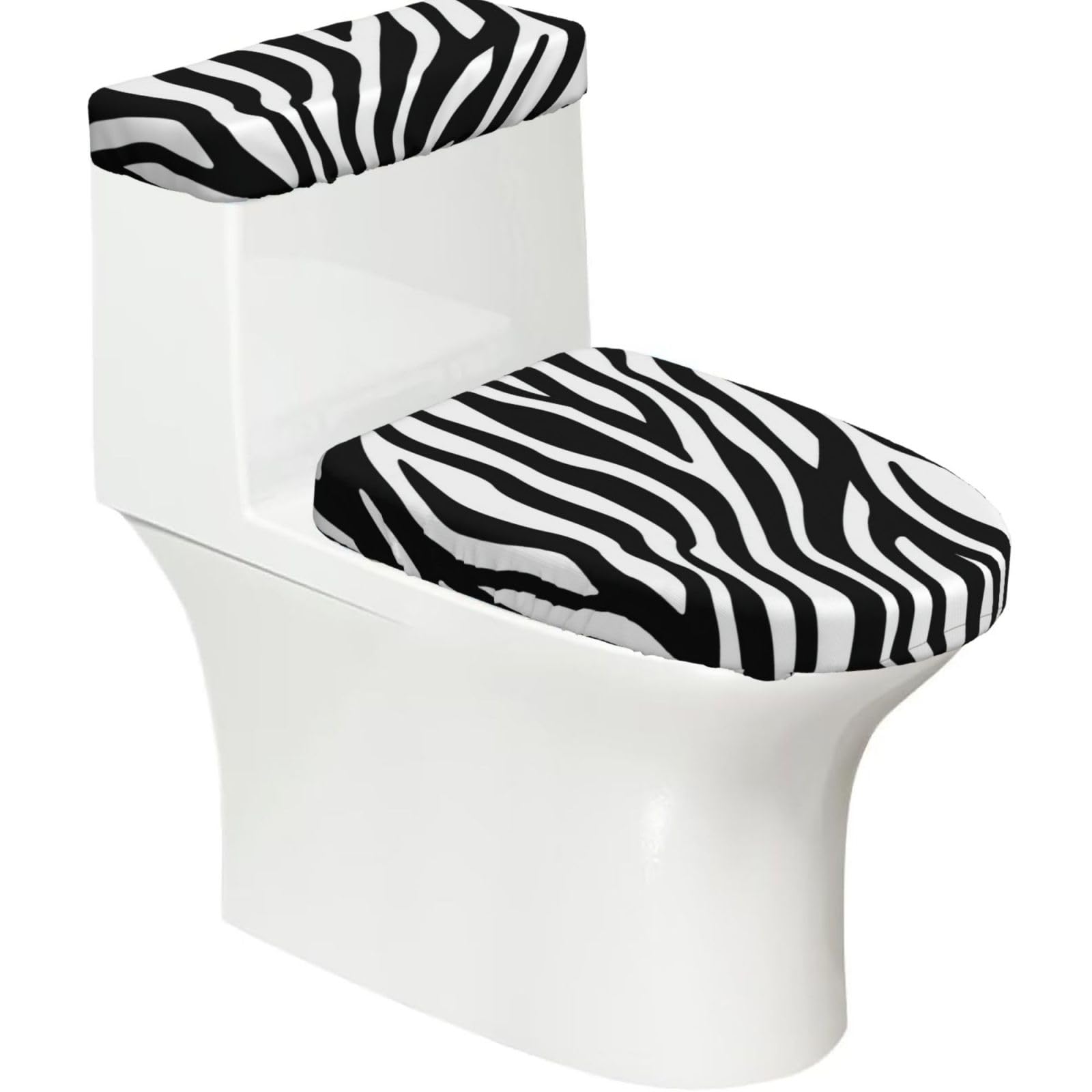 Wzycwb Black Zebra Pattern 2-Piece Toilet Seat Cover Set With Tank Lid, Elastic Fit For U-Shape & Elongated Toilets, Bathroom Decor, Housewarming Gift