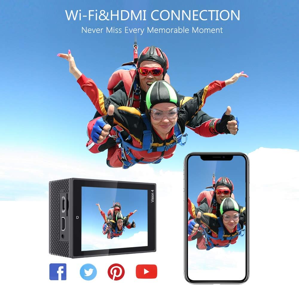 Dragon Touch 4K EIS Action Camera 16MP Vision 4 Support External Mic Underwater Camera Remote Control WiFi Sports Camera with 2 Batteries and Mounting Accessories Kit