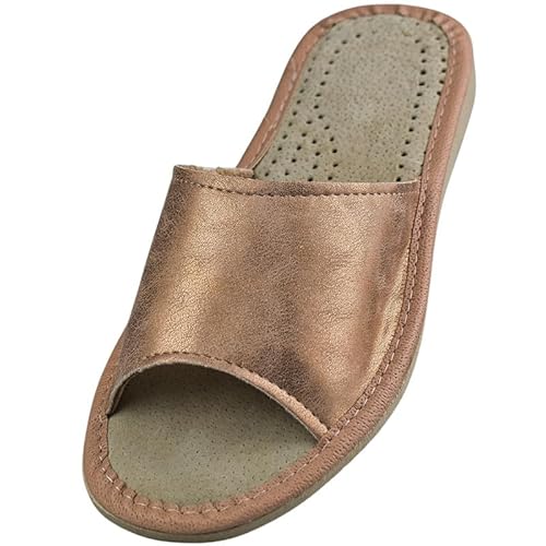 APREGGIO Pantofole da Donna in Pelle con Effetto Metallico Oro Rosa – Eleganti Ciabatte in Vera Pelle per la Casa, Misura 39 EU