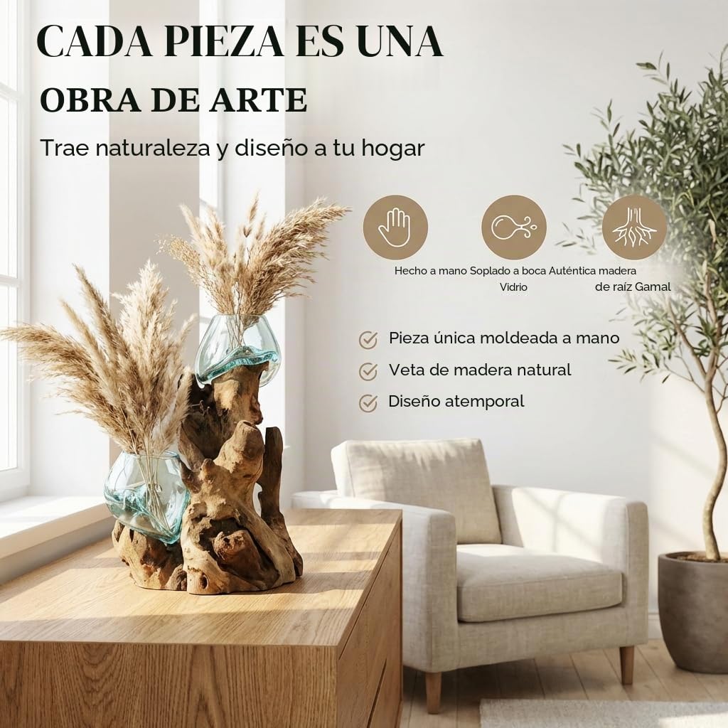 Jarrón doble de cristal sobre raíz de madera Gamal - Diámetro de cristal 9-10 cm hecho a mano, pieza única de madera como idea de regalo para decoración Do10L