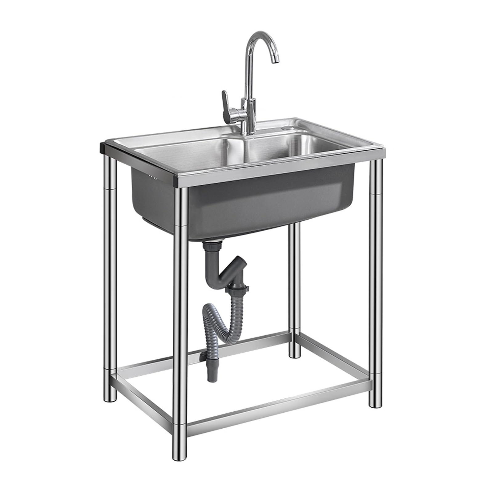 ZQFHSX Freestanding Stainless Steel Sink Utility Commercial Outdoor Single Bowl Washbasin with Faucet for Camping, Kitchen, Restaurant, Bar, Workshop, Garden (68 * 44 74cm)