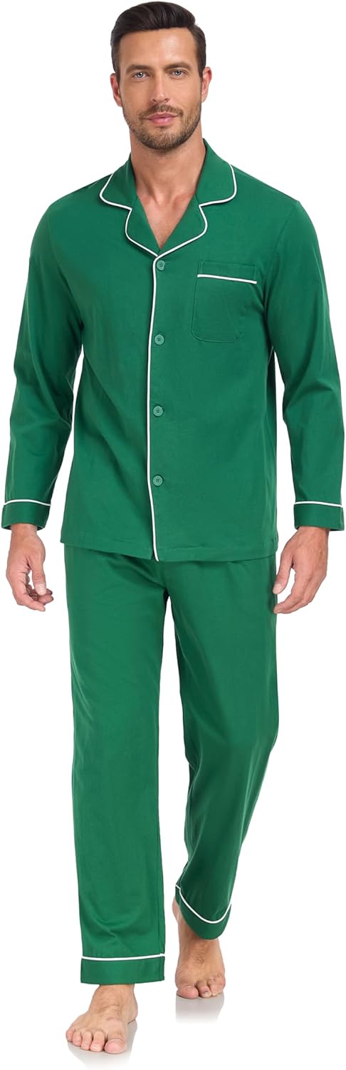 COLORFULLEAF Men's 100% Cotton Pajama Sets Breathable Long Sleeve Pjs Mens Cotton Sleepwear With Pockets - Image 7