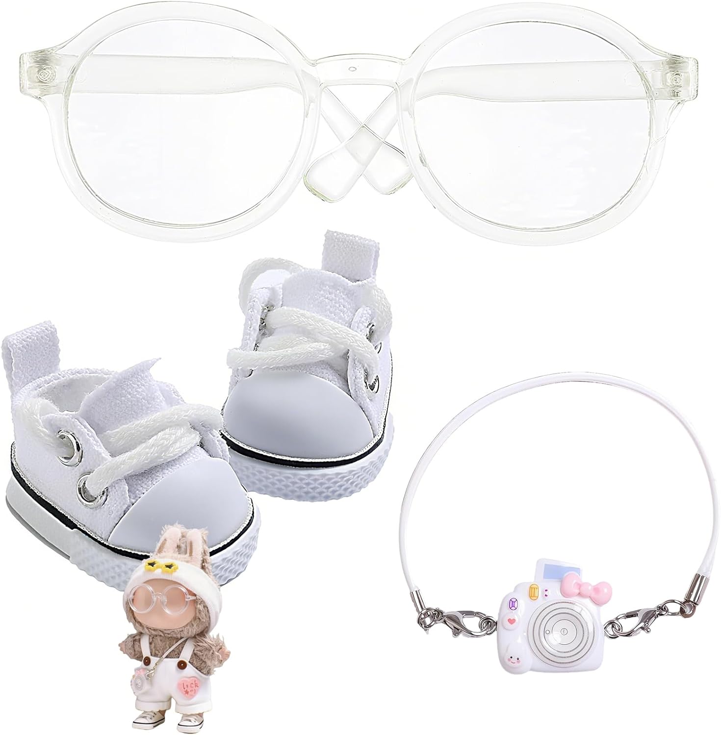 Doll Accessories Set for Labubu Included Mini Glasses, Camera and Mini Shoes, Dress Up Accessories for 17cm, Mini Costume Supplies (Transparent)