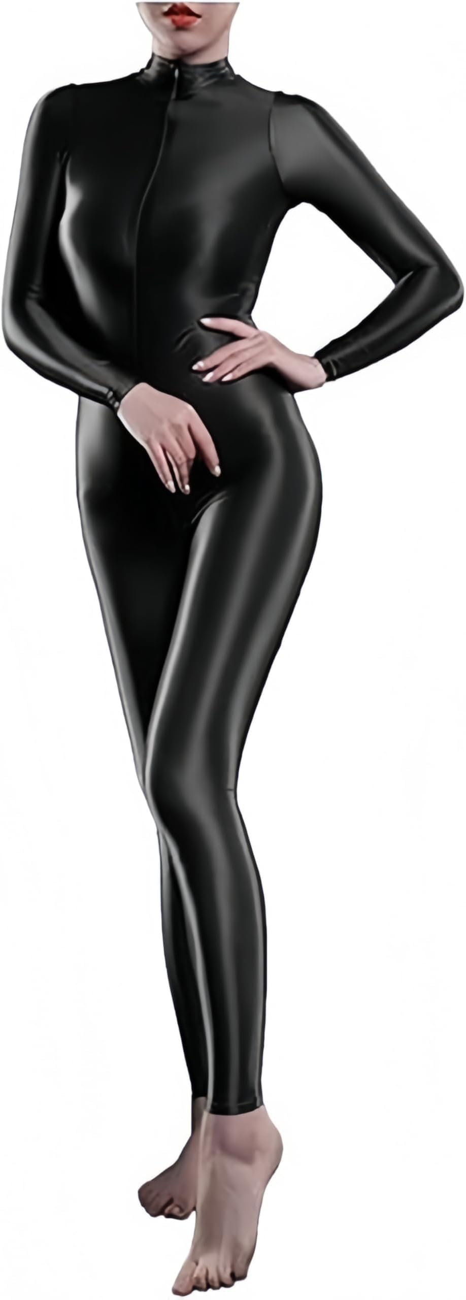 Woman's Sheer Shiny Elastic Bodystocking Lingerie High Neck Long Sleeve Zipper Crotch Bodysuit Catsuit