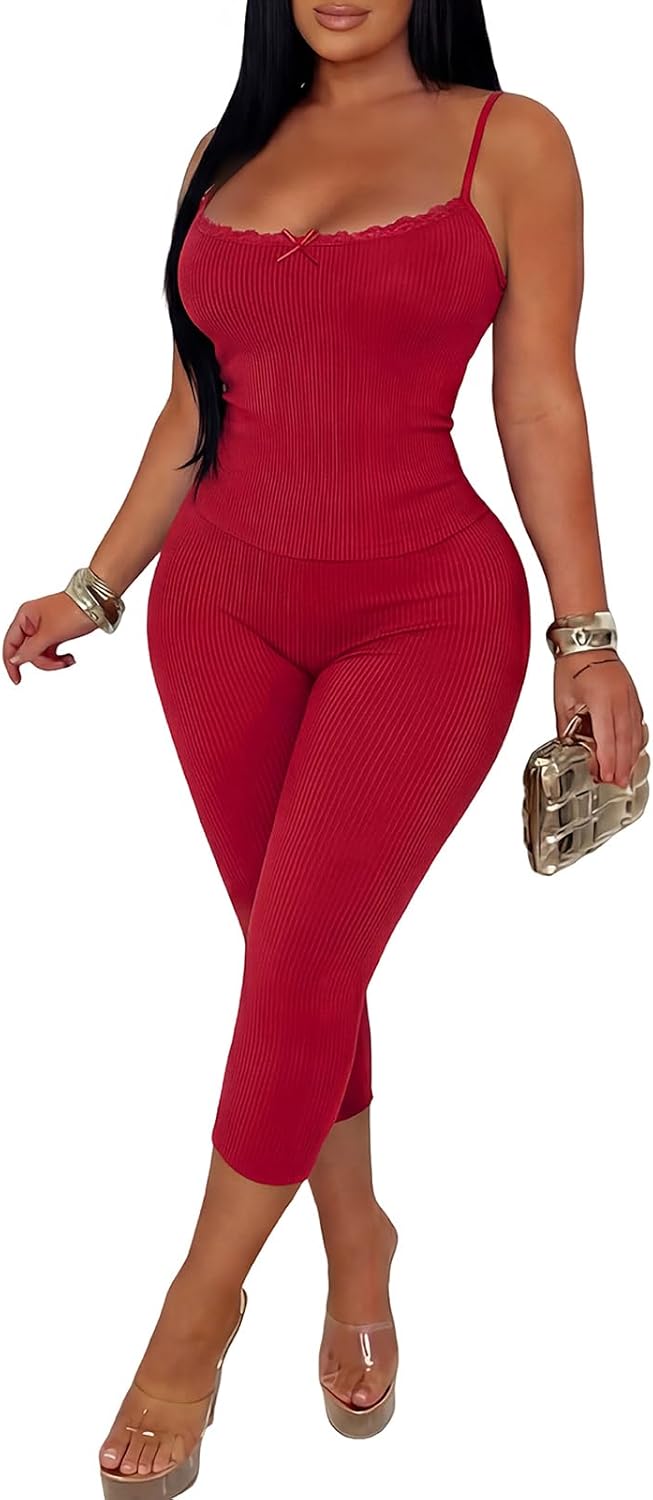 Vssjavun Women 2 Piece Outfits Sexy Rib Knit Spaghetti Strap Lace Trim Camisole Tops and Matching Bodycon Capri Pants Sets