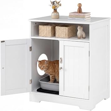 PETSITE White Cat Litter Box Enclosure, Modern Hidden Litter Box Furniture with Open Storage Shelf and Litter Mat, Cat Box Cabinet Side Table Nightstand for Indoor Cats, 23.5 x 17 x 27.5 in