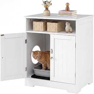 COSTWAY Cat Litter Cabinet with Stream 2 Lockable Doors Entrance & Compartments 3-in-1 Cat House Litter Box Side Table Wood Cat Furniture for Living Room White