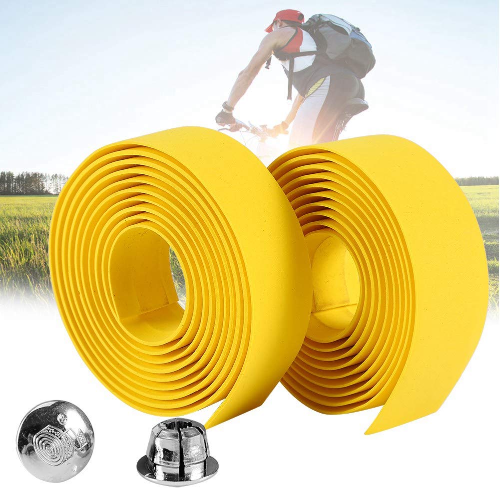 Liusin Bike Handlebar Tape Bandage, Soft Bicycle Bike Tape Yellow Road Bike Handle Wrap with 2 Bar Plugs for Touring Cycling and Road Racing 2PCS Per Set (Yellow)
