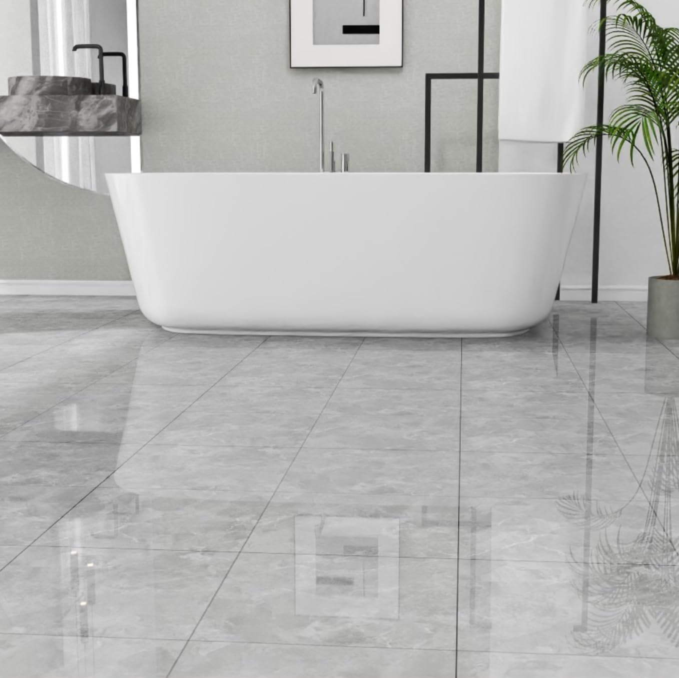 30-Pack Peel and Stick Floor Tiles Vinyl Floor 12 x 12 inch Self Adhesive Waterproof Glossy Flooring Planks DIY for Bathroom, Kitchen, Living Room, RV, Cover 30 Sq. Ft, Polish Light Grey Marble