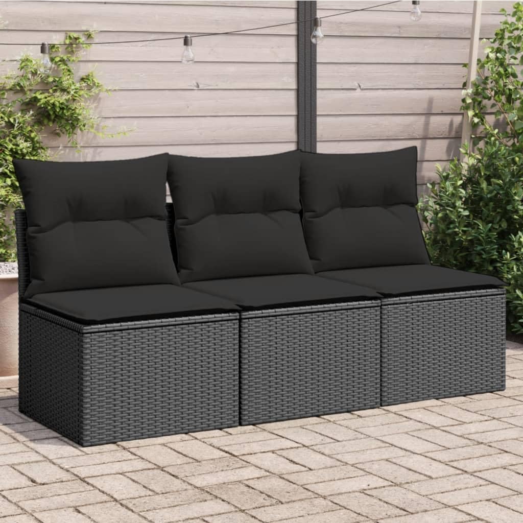 Divano da Giardino a 3 Posti con Cuscini Nero in Polyrattan,Divano Giardino,Divano Giardino Esterno,Divano Giardino per Esterno-365988