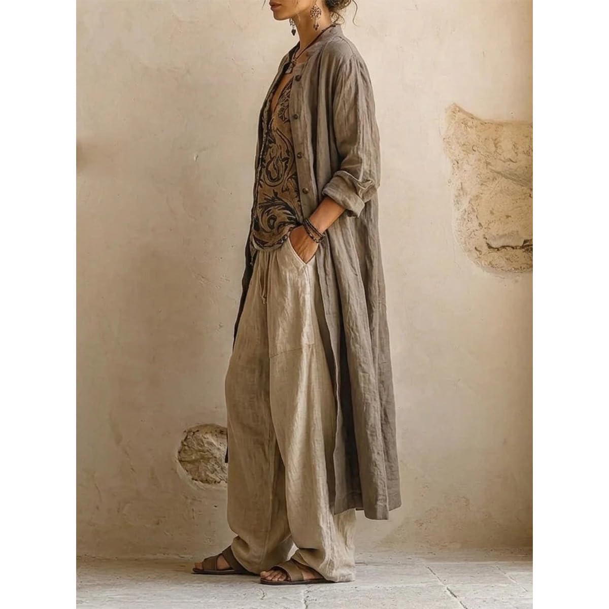 Ensemble 3 pièces vintage en lin mélangé avec débardeur et pantalon à jambes larges, style bohème décontracté