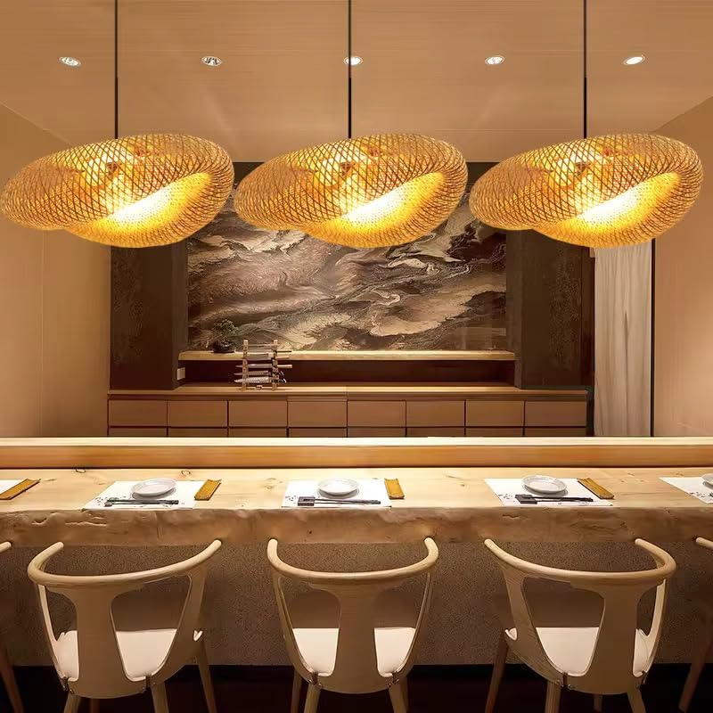 Image of Boho Woven Rattan Disc Pendant Light|Decorative Wooden Handwoven Hanging Lamp for Dining, Cafe & Living Room Decor