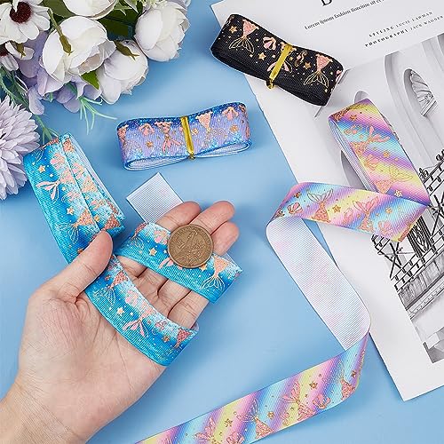 GORGECRAFT 4 Colors 8 Yards Grosgrain Glitter Printed Elastic Ribbon Mermaid Tail Folding Headband Polka Dot Sea Animals Stamping Resilience Band Stretchy Waistband Roll Shiny Hair Ties for Sewing - Image 3