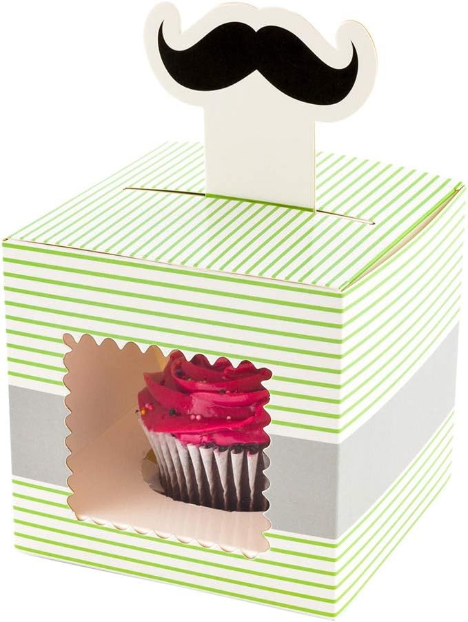 Restaurantware Pastry Tek 4 Inch Cupcake Gift Boxes 100 Fits 4 Cupcake Favor Boxes - Moustache Cupcake Inserts Green Paper Treat Boxes With Window For Weddings Or Parties Stripes