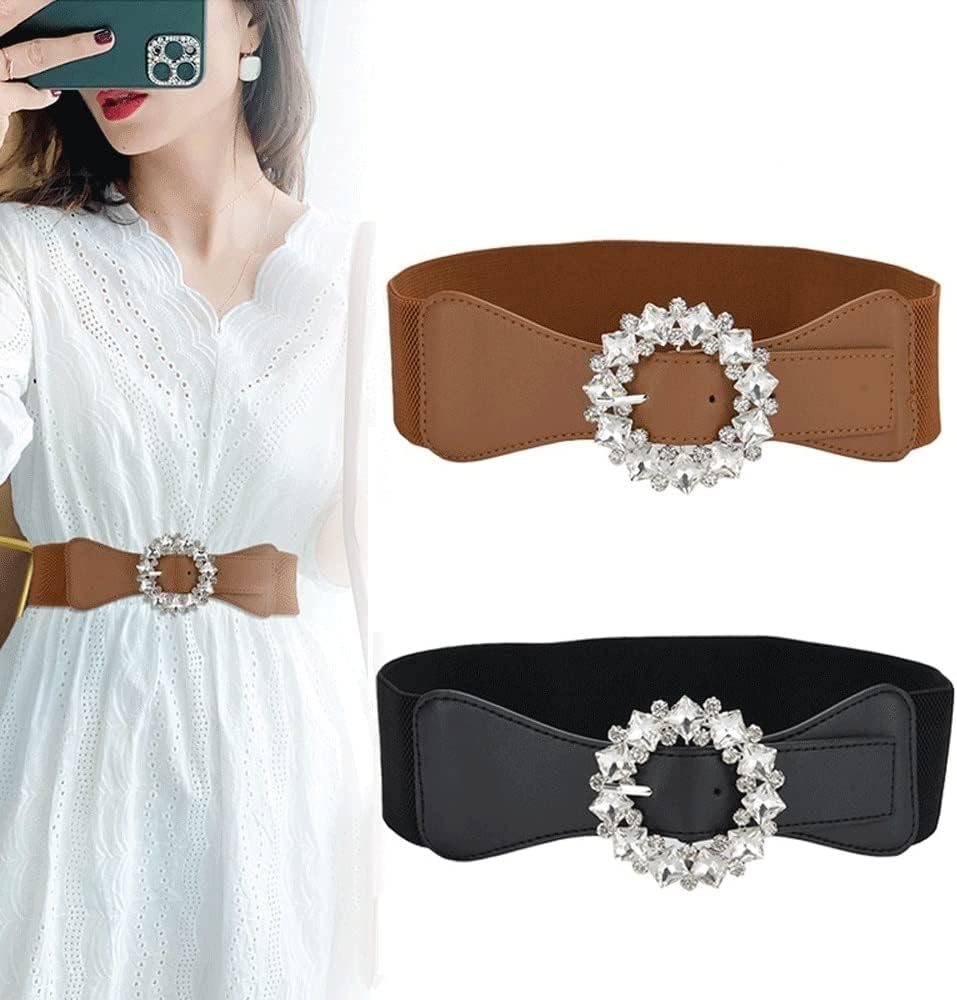 Fashion Rhinestone Buckle Women's Elastic Waist Cinch Belt for Dress Formal Dress Belt Evening Party (Color : Black, Size : One Size)