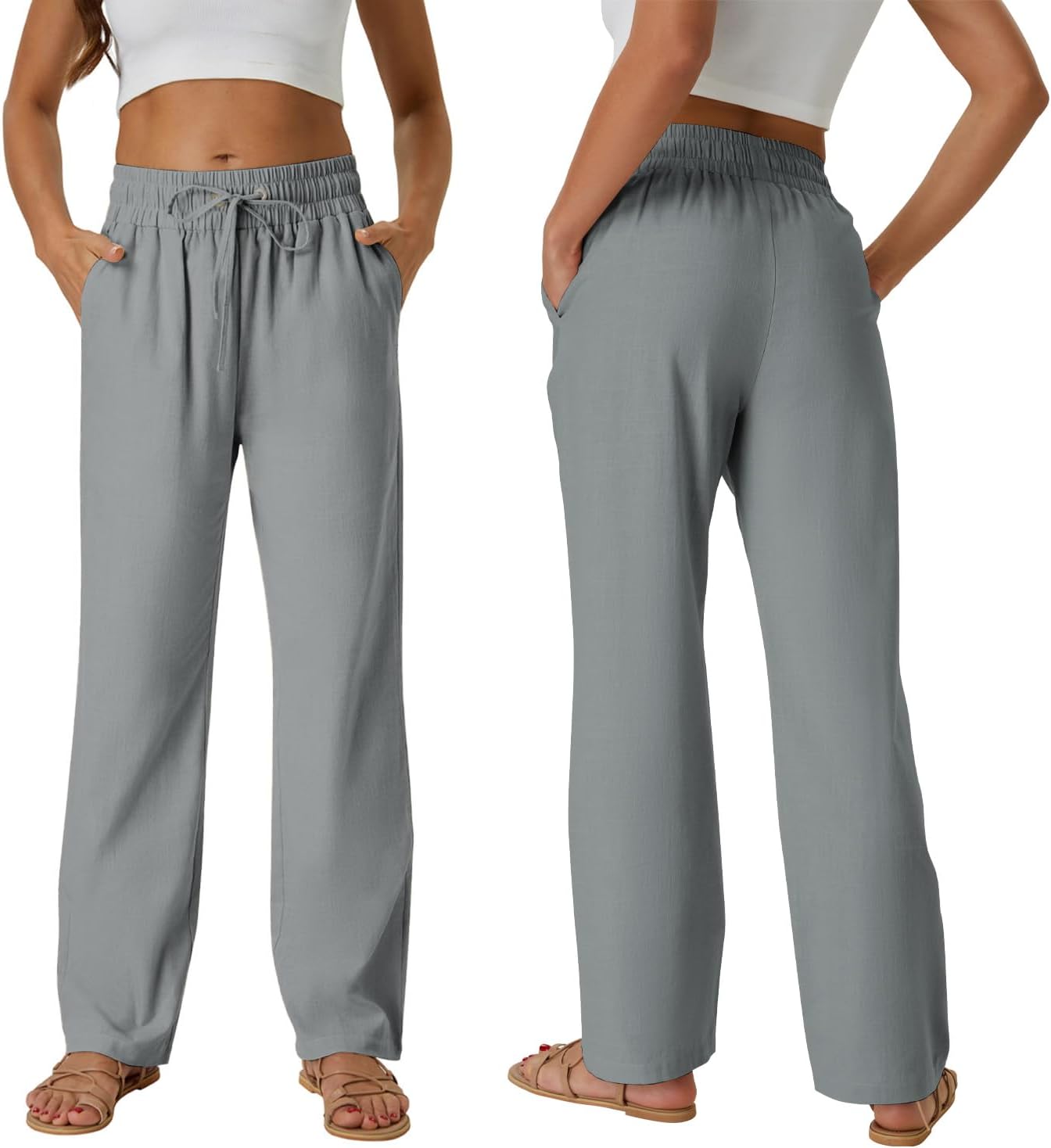 SEMARO Womens Casual Linen High Waist Pants Drawstring Loose Fit Summer Pants Trousers with Side Pockets - Image 5