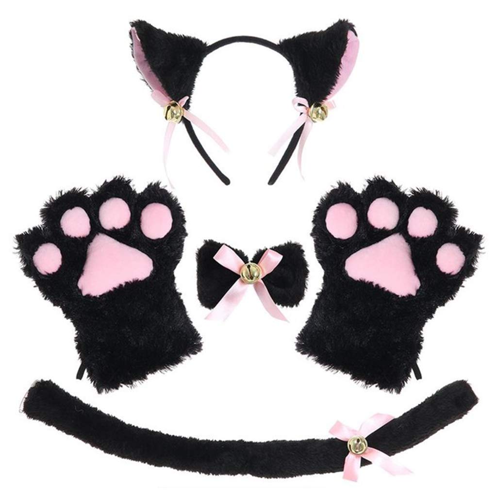 Geneic Women's 1 Lady Cat Kitty Maid Cosplay Costume Set Plush Ear Bell Headband Bowknot Collar Choker Tail Paws Gloves Anime Lolita Props