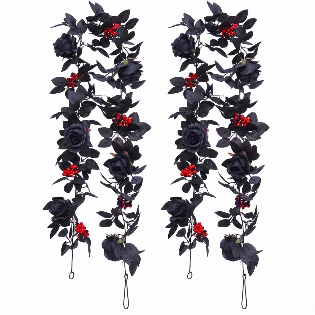 Fertnouk 2pcs Black Rose Garland Flower Vines - Flexible Halloween Garland For Gothic Wedding & Home Decor Style 1