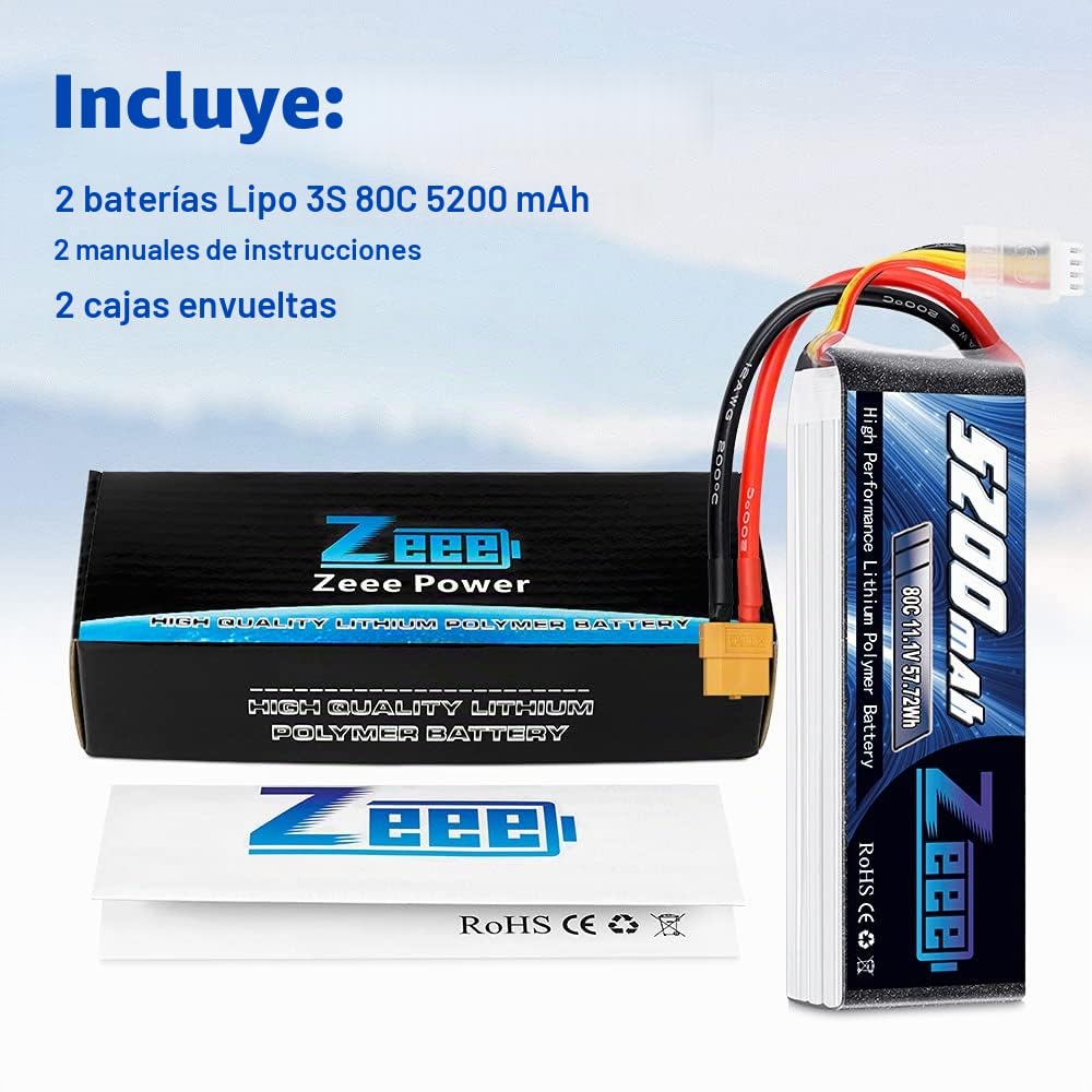 Zeee 3S LiPo Batería 5200mAh 11.1V 80C con Conector XT60 para RC Hobby (2 Paquetes)