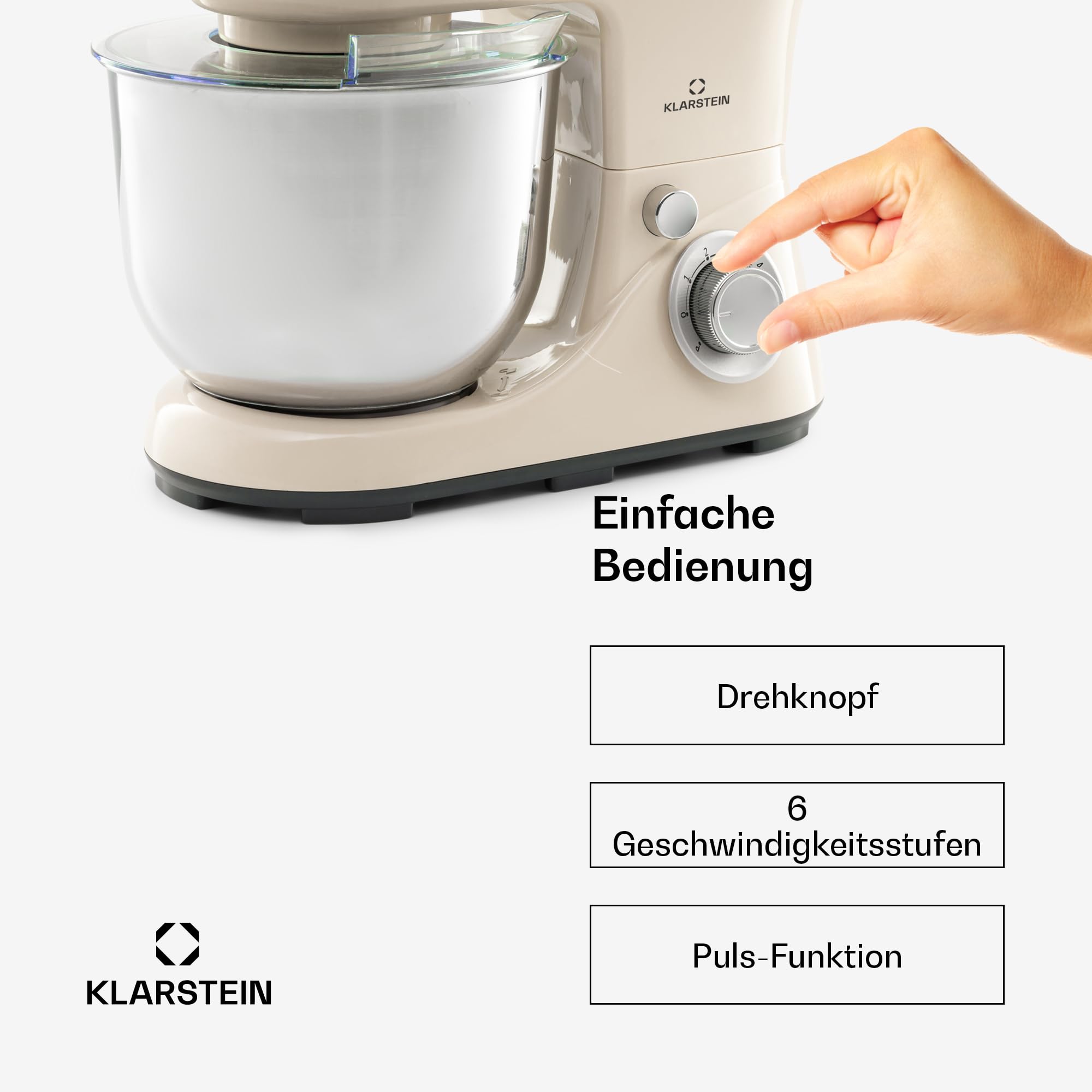 Klarstein Knetmaschine Küchenmaschine zum Backen, 1300W Teigmaschine Klein, 6 Stufen, Schneebesen Rühr- & Knethaken, 5L Schüssel, Planetenrührwerk, Rührmaschine mit Mixer, Küchenmaschinen für Brotteig