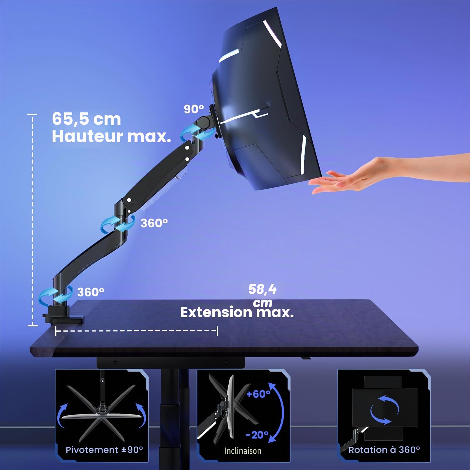 PUTORSEN Support Ecran PC pour écran Plat et incurvé de 22-57 Pouces, Support d'écran réglable en Hauteur, Capacité de Charge 27kg/59.4lbs, avec Plaque de Renfort, VESA Max jusqu'à 200x200