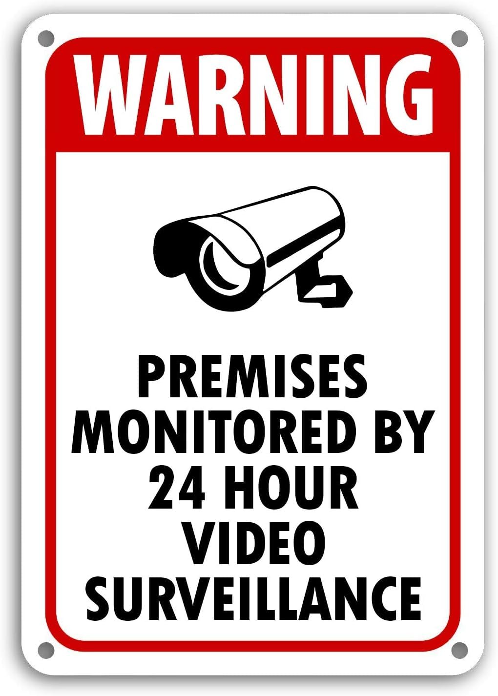 Round The Clock Surveillance Metal Tin Sign, 24 Hour Video Camera Monitoring Property Business Wall Decor, 12x8 Inches Aluminum